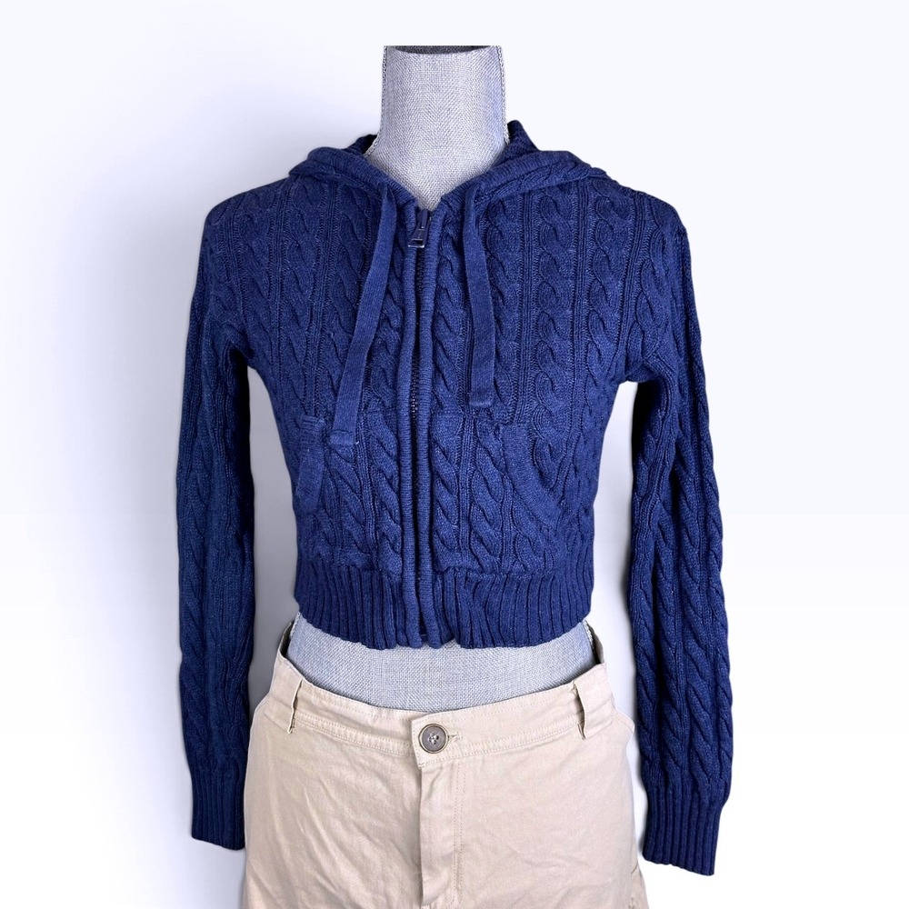 American Eagle Navy Cable Knit Cropped Zip Up Hoodie Sweater Jacket, Xtra Small
